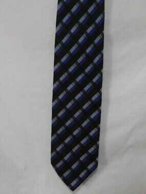 PAVONE Made In Italy 100% Silk Plaid Striped Tie Black Blue Grey